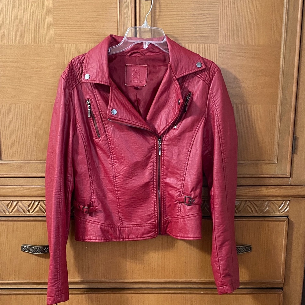 Max Studio Red Faux Leather Moto Jacket